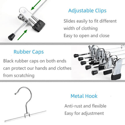 40cm Chrome Iron Clothes Hangers with Non-Slip Clips, 10-Pack Metal Trouser Hangers for Pants Shorts Skirt Socks Underwear, Silver.