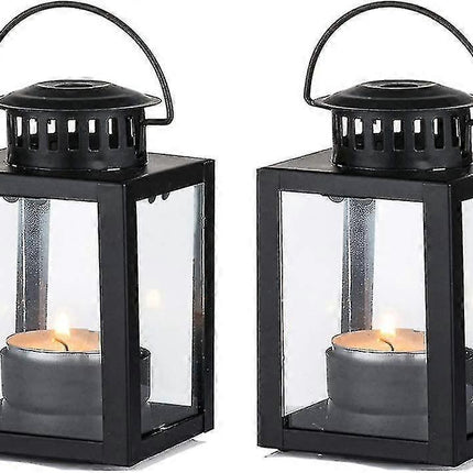 Tea Light Lanterns 2pcs Vintage Style Hanging Garden Lanterns Indoor Outdoor Black Compatible with Candles Blue Light Holder.