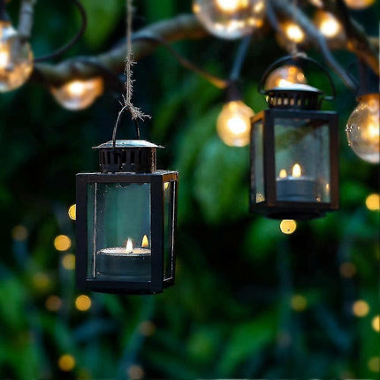 Tea Light Lanterns 2pcs Vintage Style Hanging Garden Lanterns Indoor Outdoor Black Compatible with Candles Blue Light Holder.