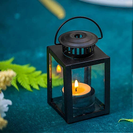 Tea Light Lanterns 2pcs Vintage Style Hanging Garden Lanterns Indoor Outdoor Black Compatible with Candles Blue Light Holder.