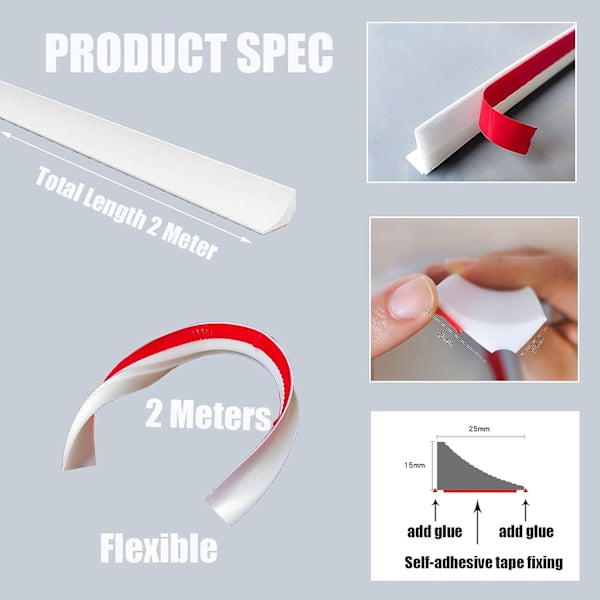 Self-adhesive sealing strip 2 m white compatible with bathtub shower sink wet room floor.