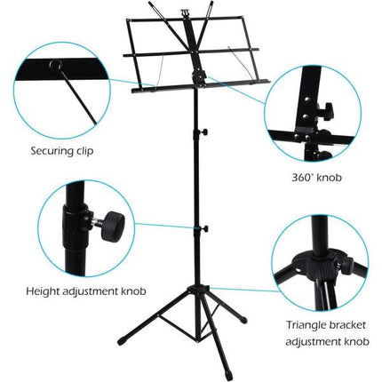 Adjustable Music Stand Portable Foldable Metal Stand with Carrying Bag Lightweight for Travel Storage Black.