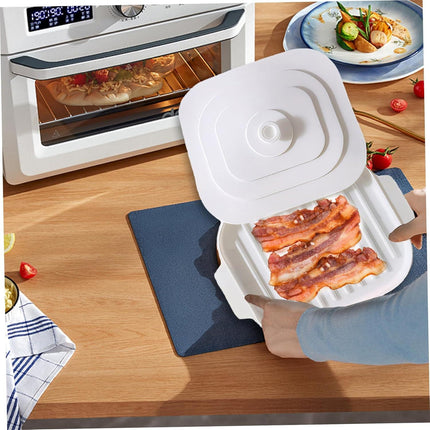 Microwave Tray for Bacon, 30 x 20 x 0.8 cm Silicone Bacon Pan with Lid and Handle, Crispy Bacon Maker.