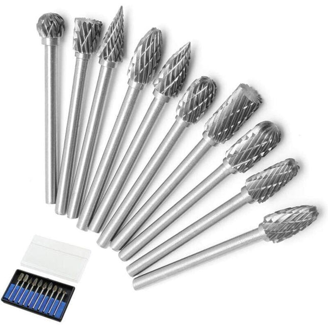 10pcs Double Cut Tungsten Steel Rotary Files with 3mm Shank, Twist Drill Bits for Dremel Rotary Tools.