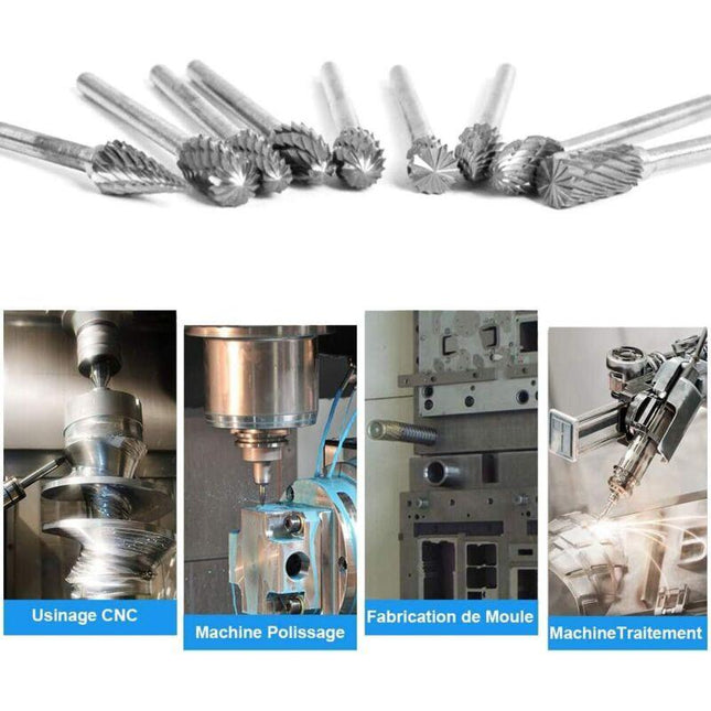 10pcs Double Cut Tungsten Steel Rotary Files with 3mm Shank, Twist Drill Bits for Dremel Rotary Tools.