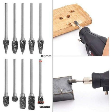 10pcs Double Cut Tungsten Steel Rotary Files with 3mm Shank, Twist Drill Bits for Dremel Rotary Tools.