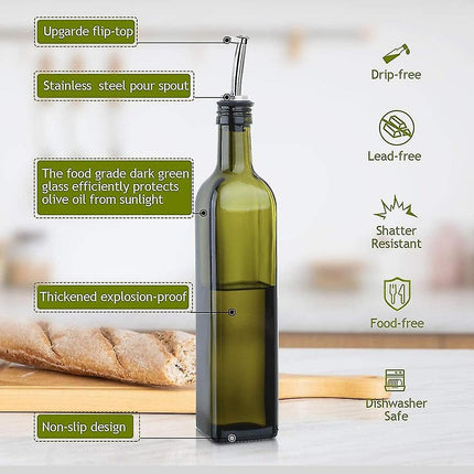 Glass Olive Oil Carafe Bottle 500ml Green Oil Vinegar Pour Spout Funnel.