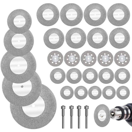 Diamond Cutting Discs 32pcs with 4 Mandrels 16-60mm for Glass Stone Wood Metal Ceramic.