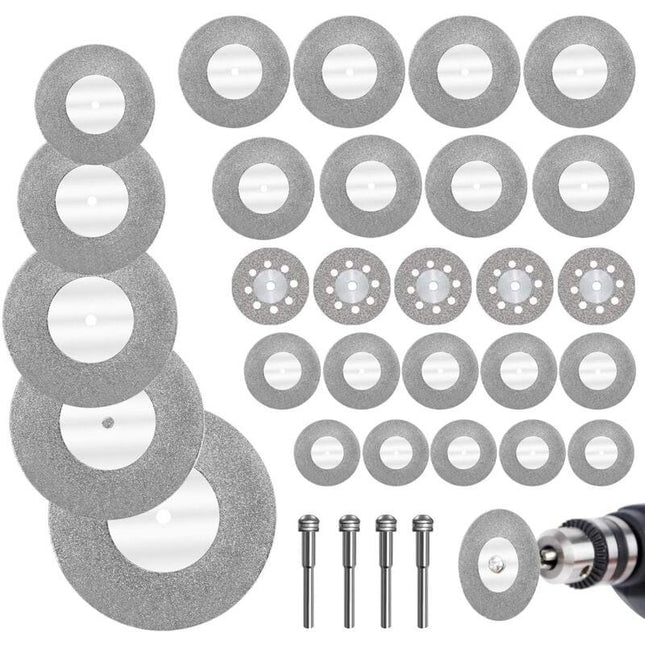 Diamond Cutting Discs 32pcs with 4 Mandrels 16-60mm for Glass Stone Wood Metal Ceramic.
