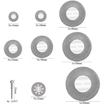 Diamond Cutting Discs 32pcs with 4 Mandrels 16-60mm for Glass Stone Wood Metal Ceramic.
