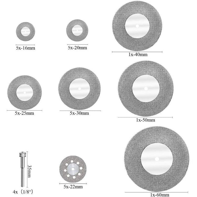 Diamond Cutting Discs 32pcs with 4 Mandrels 16-60mm for Glass Stone Wood Metal Ceramic.