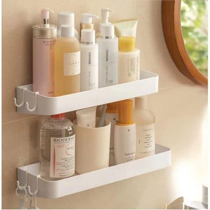 Set of 2 shower shelves, shower shelf without drilling, wall shelf with 6 removable hooks, for bathroom, kitchen, white.