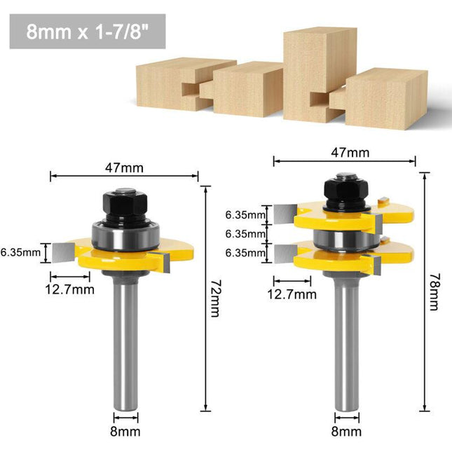 8mm Shank T-Slot Milling Cutter Set, 2Pcs 3-Flute Woodworking Tools.