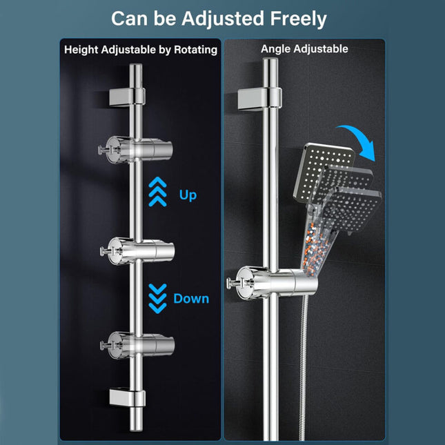 Chrome Wall Mounted Adjustable Shower Head Holder with 2 Hooks for 16-27mm Shower Rod.