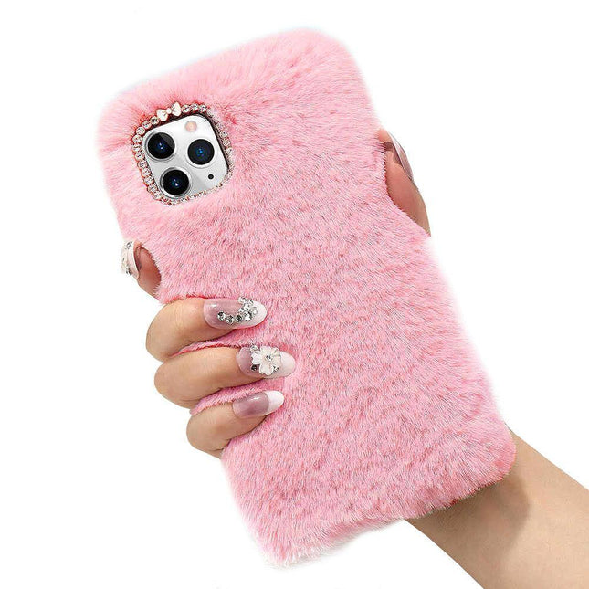 iPhone 12 Mini Fluffy Fur Pink Case, Compatible with iPhone 12 Mini, Soft Protective Mobile Phone Cover.