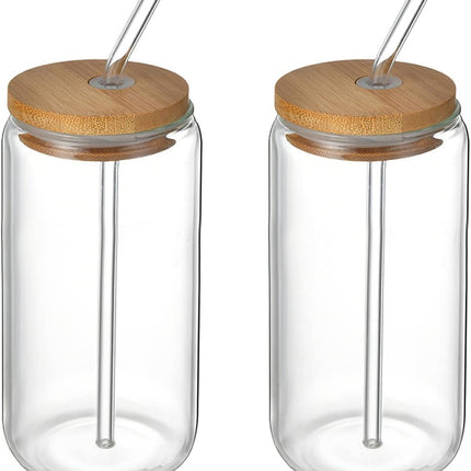 Beer Can Shaped Glass with Bamboo Lid and Straw 500ml 2 pcs for Coffee Milk Cocktail.