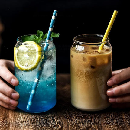 Beer Can Shaped Glass with Bamboo Lid and Straw 500ml 2 pcs for Coffee Milk Cocktail.