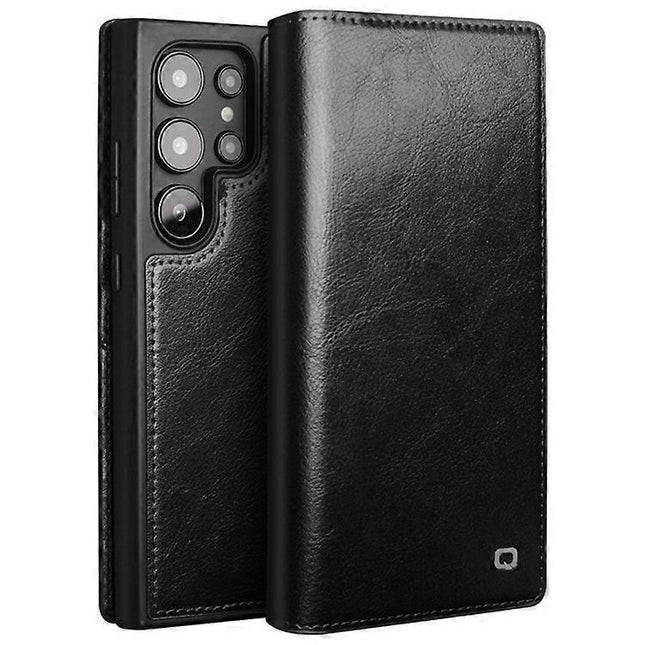 Compatible with Samsung Galaxy S24 Ultra Compatible Genuine Leather Wallet Phone Case Flip Stand Cover Black.