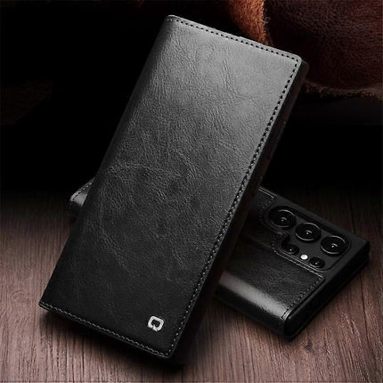 Compatible with Samsung Galaxy S24 Ultra Compatible Genuine Leather Wallet Phone Case Flip Stand Cover Black.