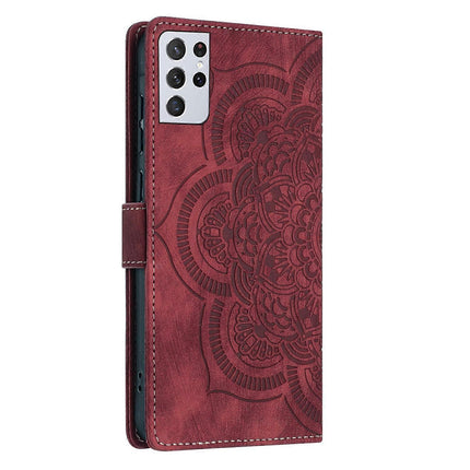 Compatible with Samsung Galaxy S21 Ultra 5G Case Red Mandala Embossed Retro Frosted Leather Phone Cover.