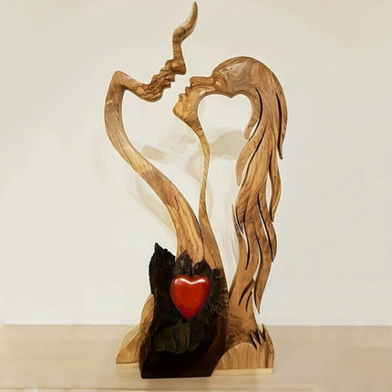 Wooden Love Heart Kissing Couple Abstract Sculpture Romantic Statue Figures.