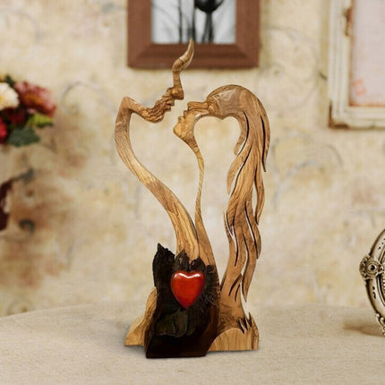Wooden Love Heart Kissing Couple Abstract Sculpture Romantic Statue Figures.