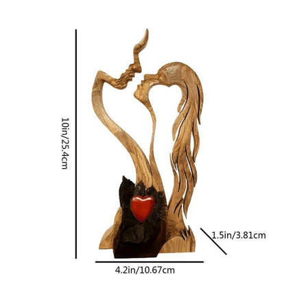 Wooden Love Heart Kissing Couple Abstract Sculpture Romantic Statue Figures.
