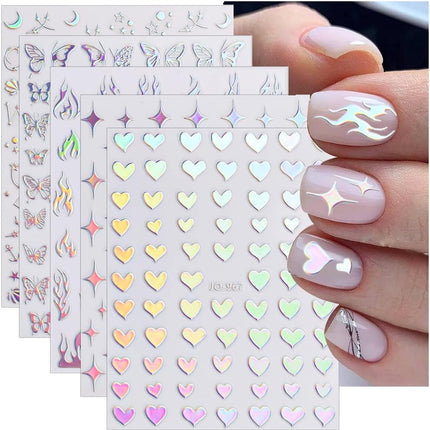 Aurora Nail Stickers 8 Sheets 3D Holographic Laser Heart Star Moon Flower Butterfly Nail Decals Self-Adhesive.