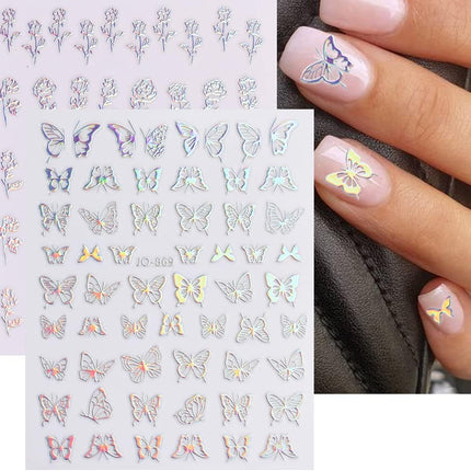 Aurora Nail Stickers 8 Sheets 3D Holographic Laser Heart Star Moon Flower Butterfly Nail Decals Self-Adhesive.