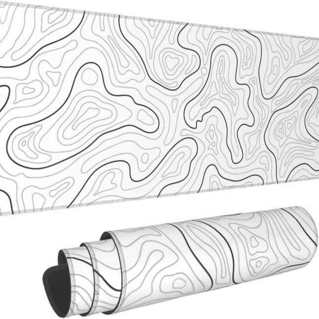 Abstract Topographic Map White Grey Black Gaming Mouse Pad Long Mouse Pad Large Desk Mat 31.5 X 11.8 Inch Mousepad with Non-Slip Base Stitched Edge Keyboard Mat for Gaming Office.