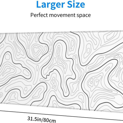Abstract Topographic Map White Grey Black Gaming Mouse Pad Long Mouse Pad Large Desk Mat 31.5 X 11.8 Inch Mousepad with Non-Slip Base Stitched Edge Keyboard Mat for Gaming Office.