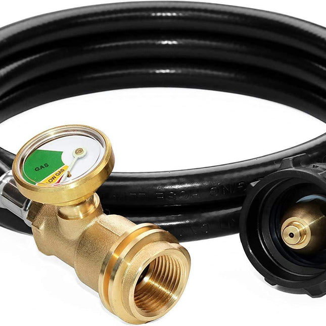 5 Feet Propane Tank Extension Hose with Gauge -Leak Detector Replacement for Gas Grill, Heater and All Other Propane Appliances, Acme to Male QCC/POL Fittings.