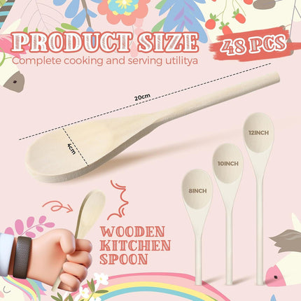 48 Pcs 8, 10, 12 Inch Wooden Spoons Gifts for Mom Oval Wooden Cooking Spoons Set Wood Serving Spoon Sauce Soup Stirring Ladle for Kitchen Cooking Baking Stirring Eating Tasting Cookware.