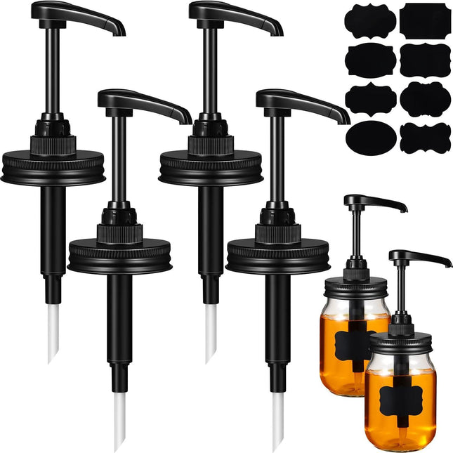 4 Pack Mason Canning Jar Syrup Dispenser Coffee Syrup Dispenser Pump Lids Set with Labels and Pen Honey Pump for 16 oz Regular Mouth Mason Canning Jars.