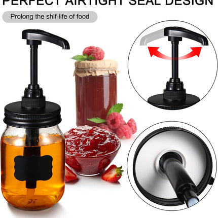 4 Pack Mason Canning Jar Syrup Dispenser Coffee Syrup Dispenser Pump Lids Set with Labels and Pen Honey Pump for 16 oz Regular Mouth Mason Canning Jars.