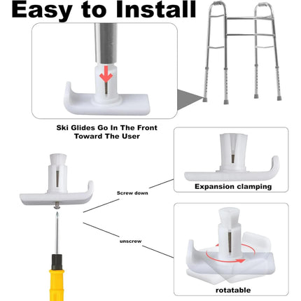 Walker Ski Glides, Universal Fit Walker Glides Mobility Accessory for Seniors, Walker Accessories for Safety and Stability, White, 4 Pack.