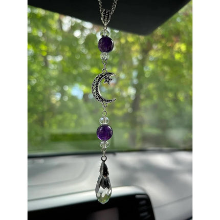 Moon and Star Rear View Mirror Accessories,Crystal Amethyst Stone Bead Car Decor Boho Witchy Suncatcher Healing Car Charm Hanging Ornaments for Women Men.