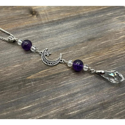 Moon and Star Rear View Mirror Accessories,Crystal Amethyst Stone Bead Car Decor Boho Witchy Suncatcher Healing Car Charm Hanging Ornaments for Women Men.