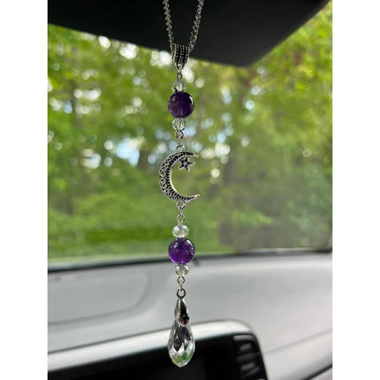 Moon and Star Rear View Mirror Accessories,Crystal Amethyst Stone Bead Car Decor Boho Witchy Suncatcher Healing Car Charm Hanging Ornaments for Women Men.