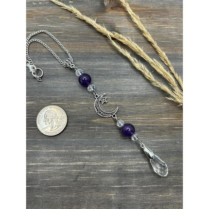 Moon and Star Rear View Mirror Accessories,Crystal Amethyst Stone Bead Car Decor Boho Witchy Suncatcher Healing Car Charm Hanging Ornaments for Women Men.