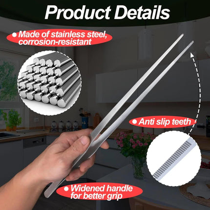 Extra-Long 15 inch Tongs Tweezers with Precision Serrated Tips Heavy Duty Stainless Steel Straight Aquarium Fishtank Tweezers Polished for Garden, Kitchen Cooking, Indoor Outdoor.