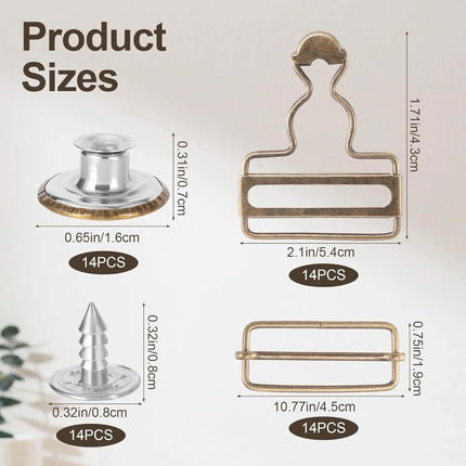 14 Sets Metal Overall Buckles, 1-1/2" Dungaree Replacement Clasp Clips with Adjustable Slide Buckle Buttons for Suspender Jeans Bib Pants DIY Sewing Accessories, Bronze.