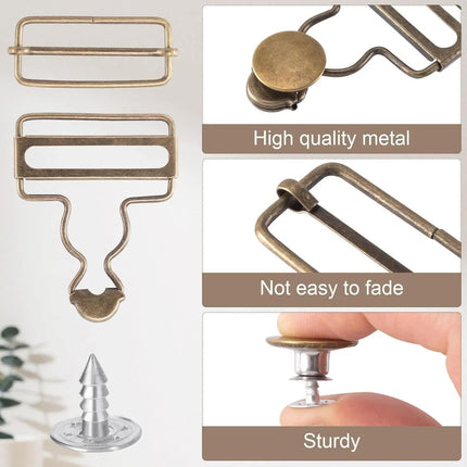 14 Sets Metal Overall Buckles, 1-1/2" Dungaree Replacement Clasp Clips with Adjustable Slide Buckle Buttons for Suspender Jeans Bib Pants DIY Sewing Accessories, Bronze.