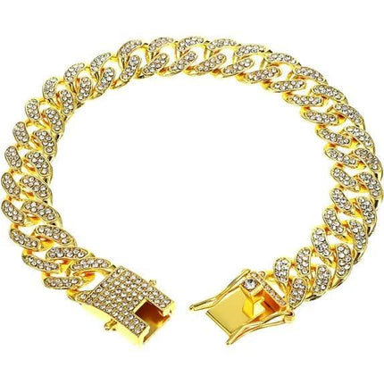 Chain Collar for Dog Diamond Cuban Link Dog Collar 13mm Wide Pet Cuban Style Collar Metal Cat Chain Pet Crystal Collar Jewelry Accessories for Small Medium Large Dogs Cats (10 Inch, Gold).