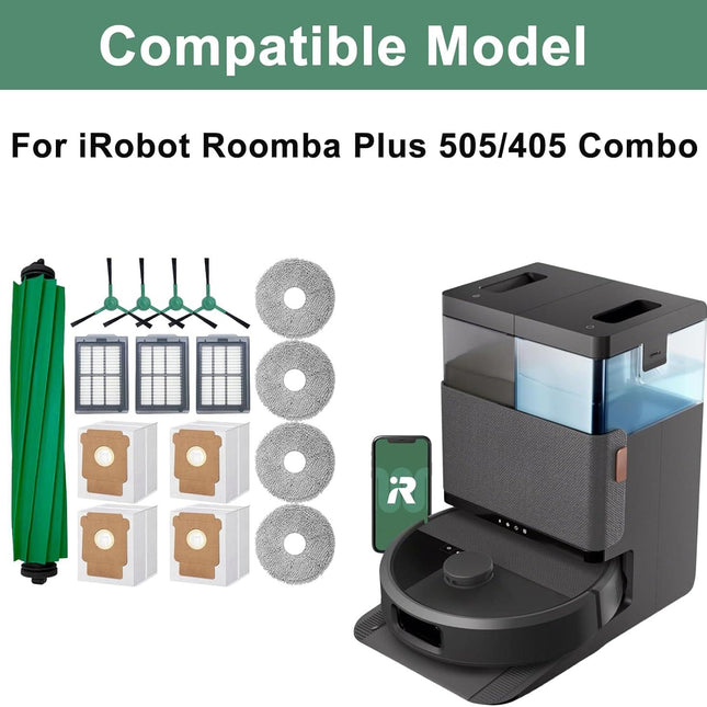 16-Piece Replacement Parts Kit for IRobot Roomba 505/405 Combo Robot Vacuum Cleaner, Main Brush ×1, Side Brushes ×4, HEPA Filters ×3, Cleaning Cloths ×4, Dust Bags ×4.