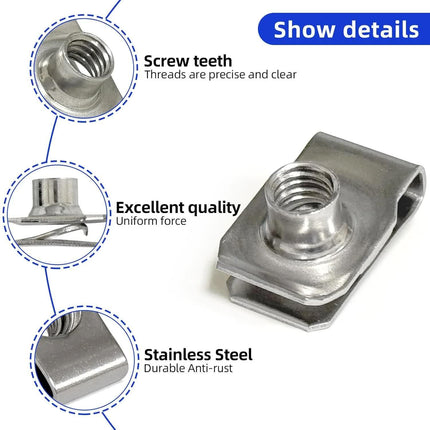 1/4"-20 U-Style Clip-On Nut, U-Type Stainless Steel 18-8 (304) Regular Extruded U-Nut, Pack of 20.