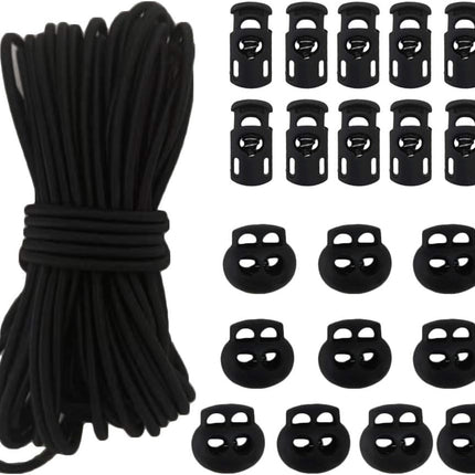 20pcs Plastic Cord Locks with 1/8-Inch 50ft Elastic Cord Heavy Stretch Round String, 10Pcs Sing-Hole, 10pcs Double-Hole Spring Toggle Stopper Slider Black (3mm-Black).