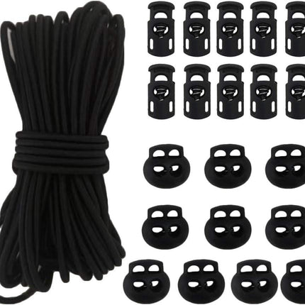 20pcs Plastic Cord Locks with 1/8-Inch 50ft Elastic Cord Heavy Stretch Round String, 10Pcs Sing-Hole, 10pcs Double-Hole Spring Toggle Stopper Slider Black (3mm-Black).