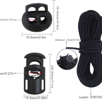 20pcs Plastic Cord Locks with 1/8-Inch 50ft Elastic Cord Heavy Stretch Round String, 10Pcs Sing-Hole, 10pcs Double-Hole Spring Toggle Stopper Slider Black (3mm-Black).