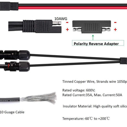 Solar Panel Connectors 10AWG Compatible with MC-4 Solar Connecter to SAE Adapter PV Extension Cable Wire for RV Caravan Solar Panels Battery Charger kit with Two SAE to SAE Polarity Reverse Adapters.